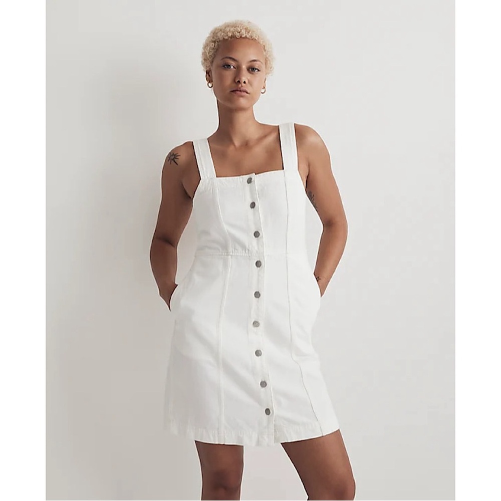 Madewell Denim Square-Neck Sleeveless Mini Dress in Tile White 16